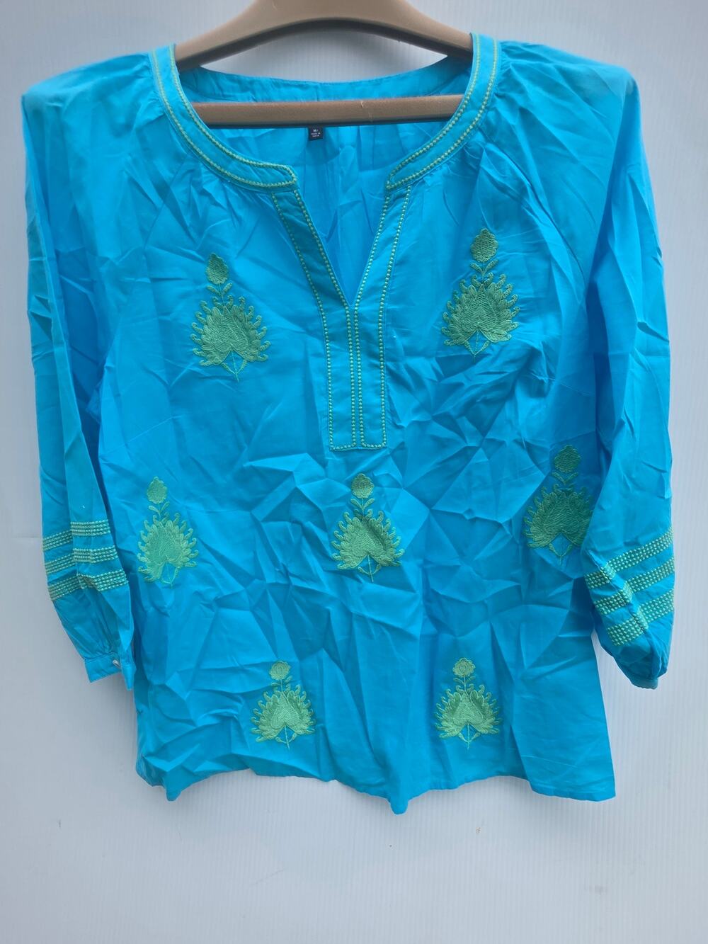 Talbots Blue Embroidered Cotton Tunic Top Size Medium Petite Boho Cottagecore